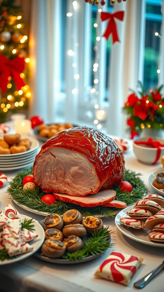 A festive Christmas party table with glazed ham, stuffed mushrooms, and peppermint bark, decorated with holiday lights.